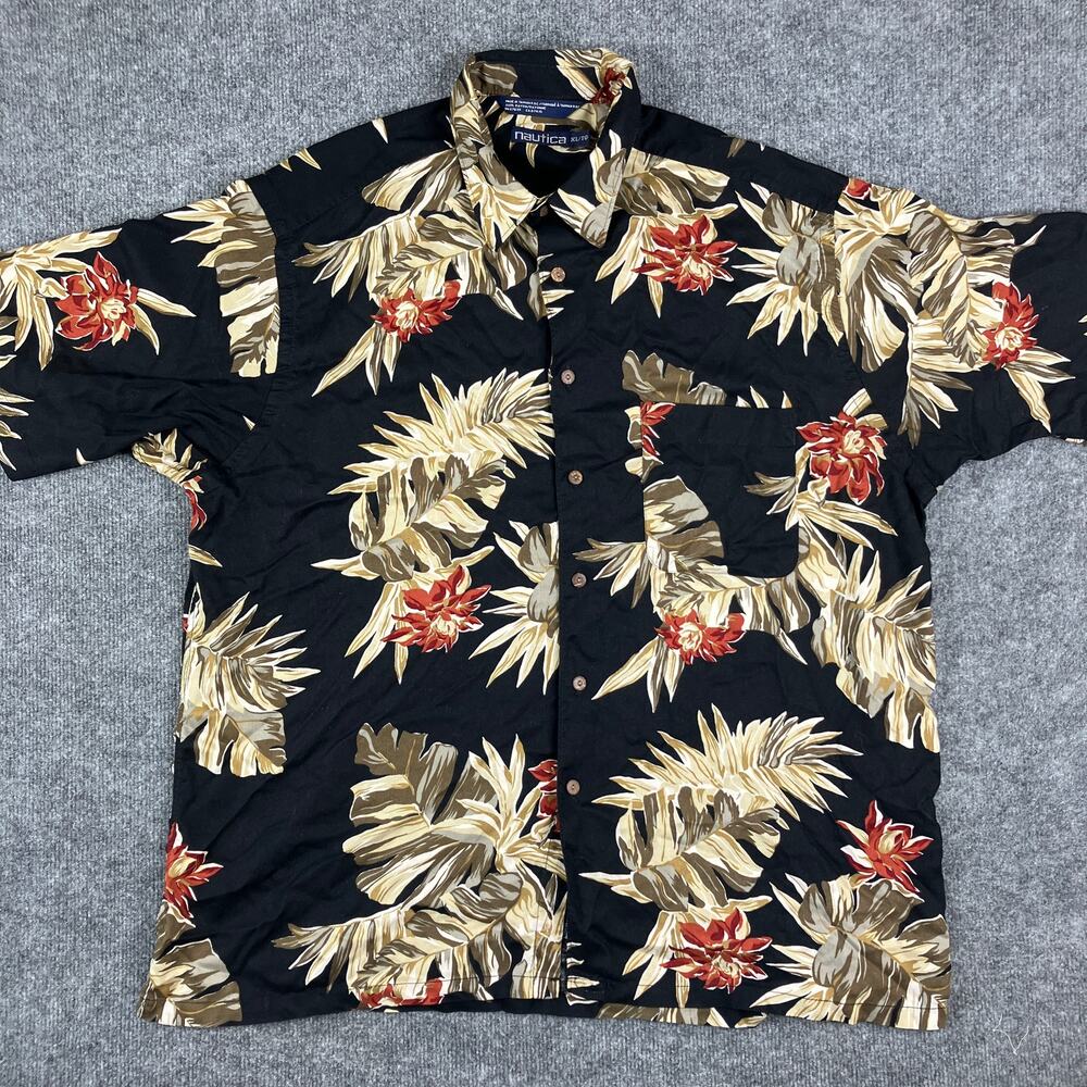 Nautica Hawaiian Shirt Mens XL Black Beige Floral Rayon Short Sleeve Button-Up